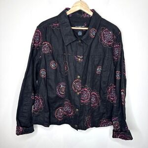 Saint Tropez West 100% Linen Jacket 2X Black Embroidered Sequin Button Up Mandal